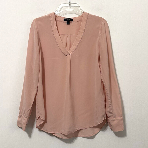 J Crew Silk Popover Top 2 Pale Pink Long Sleeve V Neck Ladder Stitch Career Work - Picture 1 of 9